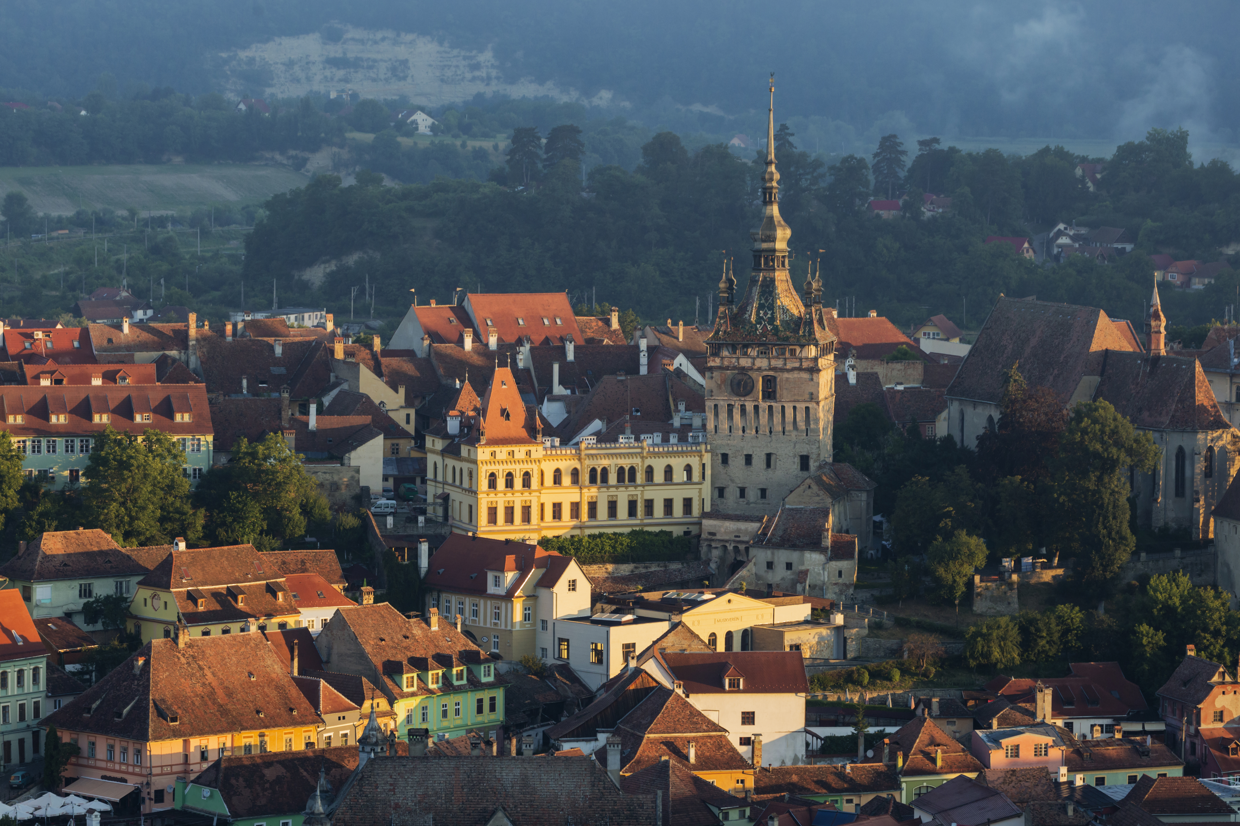 Cityscape at sunrise, Sighisoara, Transylvania, Romania