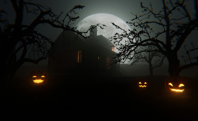Haunted house in the foggy night under full moon with glowing Halloween pumpkins in the field, surrounded by dark, leafless trees creating a spooky and mysterious atmosphere. Happy Halloween, concept